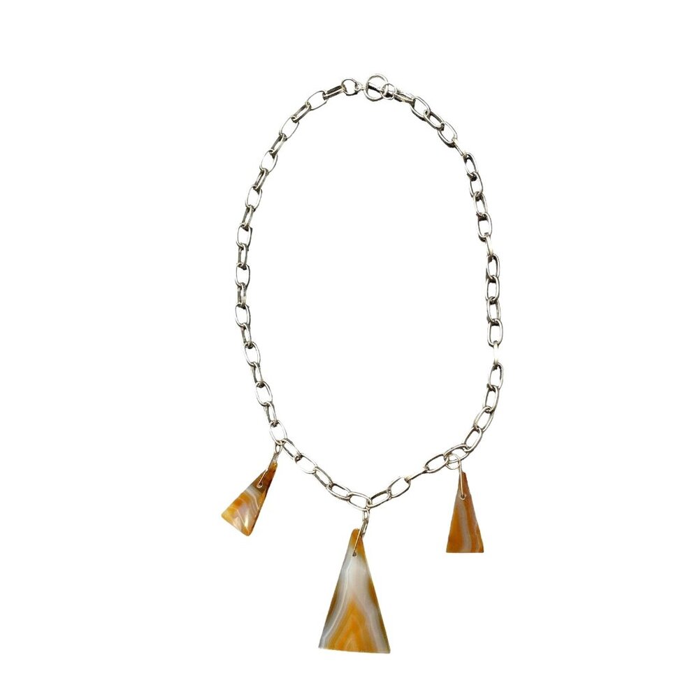 Triple Banded Agate Triangle Slice Pendants Stainless Steel Chain Necklace
